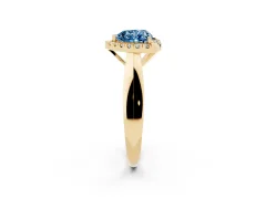 Fancy Blue Heart Cut Diamond Halo Solitaire Engagement Ring Set in Yellow gold with Square Band and Prong Setting