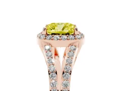 Fancy Yellow Cushion Cut Diamond Halo Split Shank Pavé Ring Set in Rose gold with Prong Setting