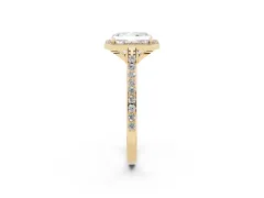 Radiant Cut Diamond Halo Engagement Ring Set in Yellow gold with Round Pavé Shoulders and Heart Gallery