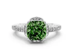 Fancy Green Cushion Cut Diamond Halo Ring Set in White gold with Channel Set Band and Prong Setting