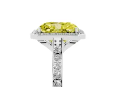 Fancy Yellow Radiant Cut Diamond Halo Engagement Ring Set in White gold with Round Pavé Shoulders and Heart Gallery