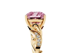 Fancy Pink Cushion Cut Diamond Vine Band Solitaire Ring Set in Yellow gold with Milgrain Prong Setting