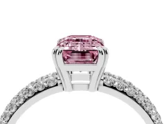 Fancy Pink Emerald Cut Diamond Solitaire Ring Set in White gold with Multi-Row Round Pavé Band and Prong Setting