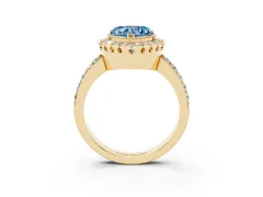 Fancy Blue Heart Cut Diamond Halo Ring Set in Yellow gold with Pavé Shank and Prong Setting