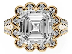 Asscher Cut Diamond Floral Halo Split Shank Engagement Ring Set in Yellow gold with Pavé Shank