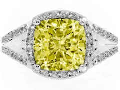 Fancy Yellow Cushion Cut Diamond Halo Split Shank Pavé Ring Set in Platinum with Prong Setting