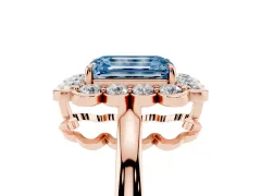 Fancy Blue Emerald Cut Diamond Halo Cluster Engagement Ring Set in Rose gold with Solitaire Band and Prong Setting