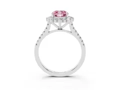 Fancy Pink Cushion Cut Diamond Halo Ring Set in Platinum with Pavé Band and Prong Setting