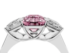 Fancy Pink Emerald Cut Diamond Three-Stone Ring Set in Platinum with Plain Polished Band