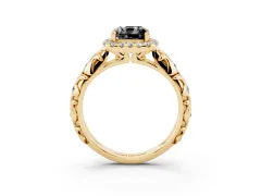 Fancy Black Cushion Cut Diamond Halo Ring Set in Yellow gold with Filigree Leaf Band and Prong Setting