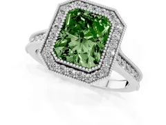 Fancy Green Radiant Cut Diamond Halo Milgrain Pavé Band Ring Set in Platinum with Prong Setting