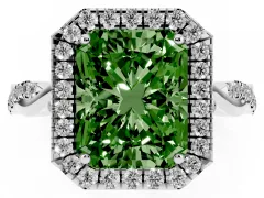 Fancy Green Radiant Cut Diamond Halo Twist Band Solitaire Ring Set in White gold with Prong Setting
