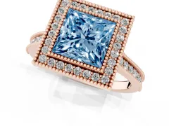 Fancy Blue Princess Cut Diamond Halo Milgrain Pavé Band Ring Set in Rose gold with Prong Setting