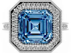 Fancy Blue Asscher Cut Diamond Halo Milgrain Pavé Band Ring Set in Silver with Prong Setting