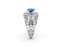 Fancy Blue Round Cut Diamond Art Deco Ring Set in White gold with Pavé Split Shank