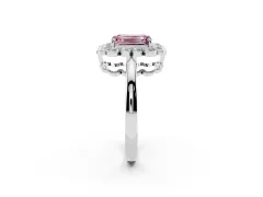 Fancy Pink Emerald Cut Diamond Halo Cluster Engagement Ring Set in White gold with Solitaire Band and Prong Setting