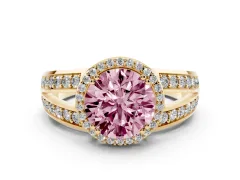 Fancy Pink Round Cut Diamond Halo Ring Set in Yellow gold with Double Pavé Split Shank
