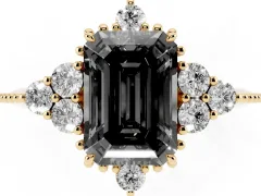 Fancy Black Emerald Cut Diamond Cluster Ring Set in Yellow gold with Beaded Band