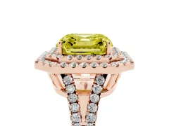 Fancy Yellow Asscher Cut Diamond Double Halo Ring Set in Rose gold with Pavé Band