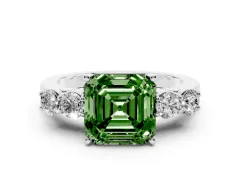 Fancy Green Asscher Cut Diamond Five-Stone Prong Set Band Ring Set in Silver with Polished Band