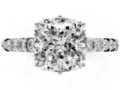 Cushion Cut Diamond Solitaire Engagement Ring Set in Platinum with Pavé Band and Prong Setting