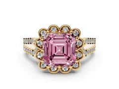 Fancy Pink Asscher Cut Diamond Floral Halo Split Shank Engagement Ring Set in Yellow gold with Pavé Shank