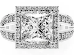Princess Cut Diamond Halo Ring Set in White gold with Double Pavé Split Shank