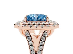 Fancy Blue Radiant Cut Diamond Double Halo Ring Set in Rose gold with Pavé Split Shank and Prong Setting