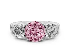 Fancy Pink Round Cut Diamond Three-Stone Engagement Ring Set in Silver with Milgrain Pavé Band