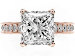 Princess Cut Diamond Solitaire Ring Set in Rose gold with Milgrain-Edged Pavé Band and Prong Setting