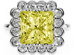 Fancy Yellow Princess Cut Diamond Halo Cluster Engagement Ring Set in White gold with Solitaire Band and Prong Setting