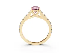 Fancy Pink Emerald Cut Diamond Split Shank Pavé Engagement Ring Set in Yellow gold with Prong-Held Center Stone
