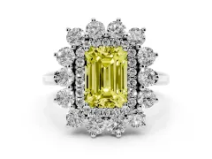 Fancy Yellow Emerald Cut Diamond Floral Double Halo Ring Set in Silver with Round Petals