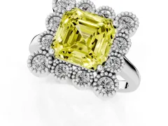Fancy Yellow Asscher Cut Diamond Cluster Halo Ring Set in White gold with Milgrain Bezel Accents and Plain Band