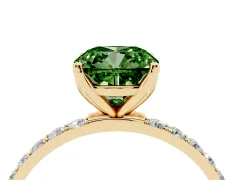 Fancy Green Cushion Cut Diamond Solitaire Engagement Ring Set in Yellow gold with Round Pavé Band and Prong Setting