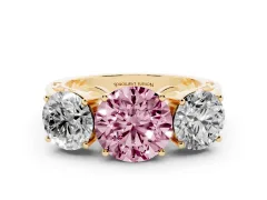 Fancy Pink Round Cut Diamond Three-Stone Ring Set in Yellow gold with Textured Band