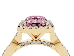 Fancy Pink Emerald Cut Diamond Halo Twist Band Solitaire Ring Set in Yellow gold with Prong Setting