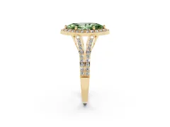 Fancy Green Marquise Cut Diamond Halo Split Shank Pavé Ring Set in Yellow gold with Prong Setting