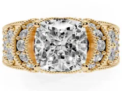 Cushion Cut Diamond Milgrain Halo Pavé Engagement Ring Set in Yellow gold with Prong Setting