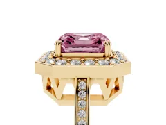 Fancy Pink Asscher Cut Diamond Halo Ring Set in Yellow gold with Accent-Lined Split Shank and Prong Setting