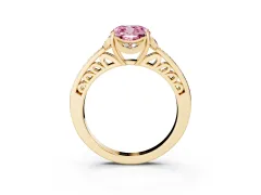 Fancy Pink Cushion Cut Diamond Halo Ring Set in Yellow gold with Channel Set Band and Prong Setting