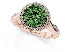 Fancy Green Round Cut Diamond Halo Twist Band Solitaire Ring Set in Rose gold with Prong Setting