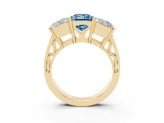 Fancy Blue Princess Cut Diamond Three-Stone Ring Set in Yellow gold with Textured Band