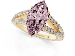 Fancy Pink Marquise Cut Diamond Split Shank Pavé Engagement Ring Set in Yellow gold with Prong-Held Center Stone