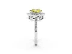 Fancy Yellow Oval Cut Diamond Halo Ring Set in White gold with Accent-Lined Split Shank and Prong Setting