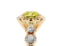 Fancy Yellow Cushion Cut Diamond Floral Halo Ring Set in Yellow gold with Shared Prong Band