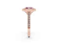Fancy Pink Asscher Cut Diamond Halo Milgrain Pavé Band Ring Set in Rose gold with Prong Setting