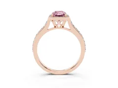 Fancy Pink Radiant Cut Diamond Halo Engagement Ring Set in Rose gold with Round Pavé Shoulders and Heart Gallery