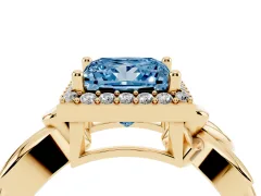 Fancy Blue Princess Cut Diamond Halo Floral Band Ring Set in Yellow gold with Prong Setting