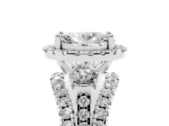 Oval Cut Diamond Halo Split Shank Ring Set in Silver with Round Accent Stones and Prong Setting